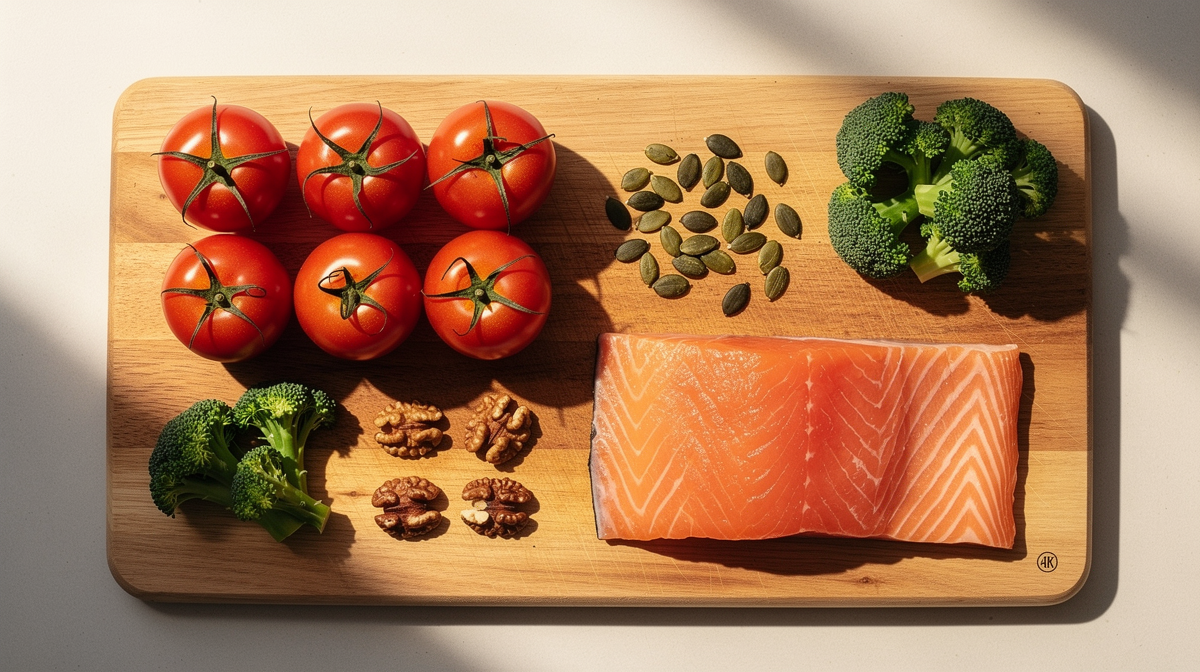 Tomater, valnötter, broccoli och pumpakärnor på träskiva – näringsrik kost för prostatahälsa