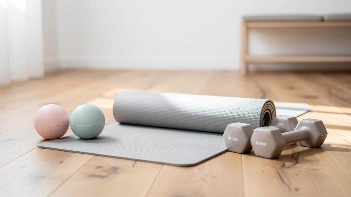 Träningsbollar och yogamatta på golv – utrustning för bäckenbottenträning