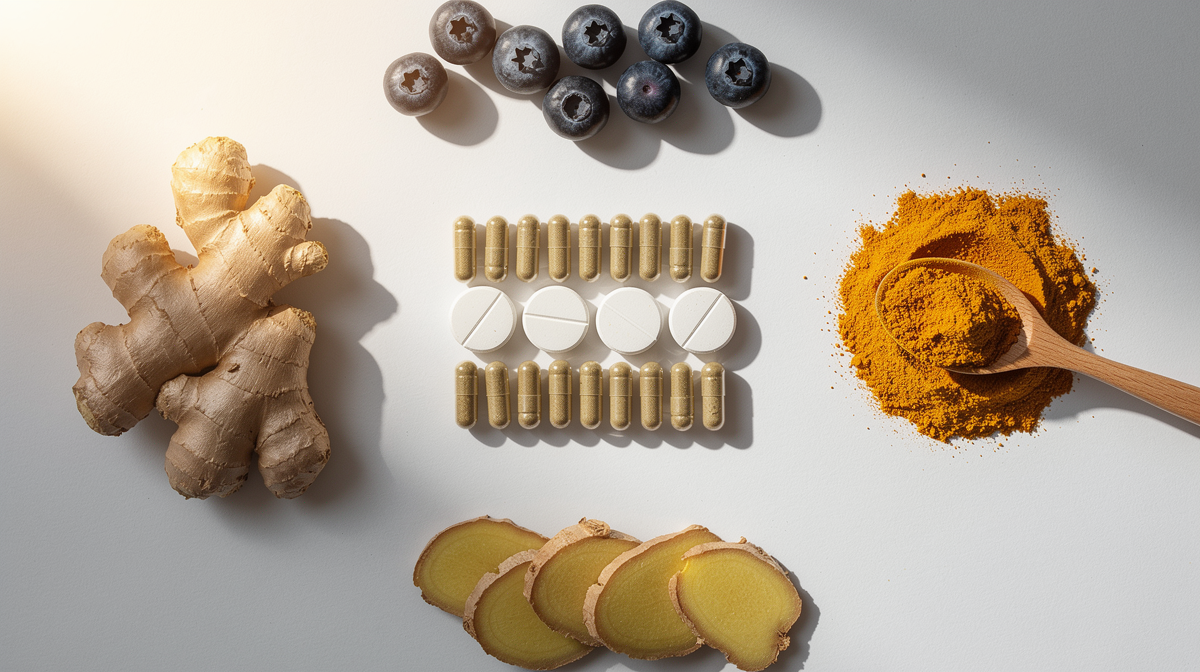 Moringakapslar omgivna av antioxidantrika ingredienser som ingefära och bär.