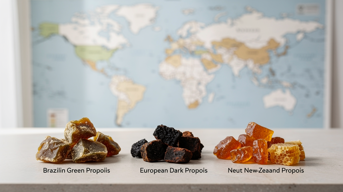 Olika sorters propolis från världen visade i naturliga kulörer och texturer