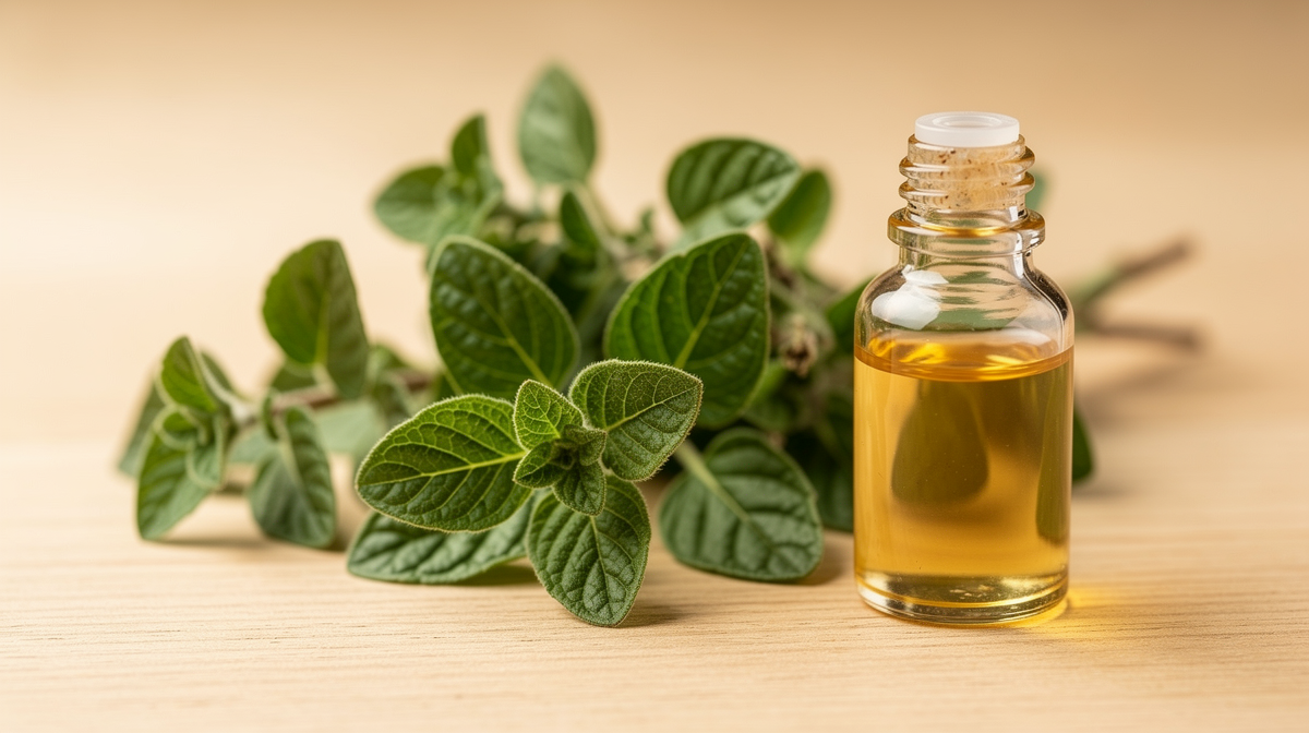 Färsk oregano och glasflaska med oreganoolja på träyta, naturlig belysning.