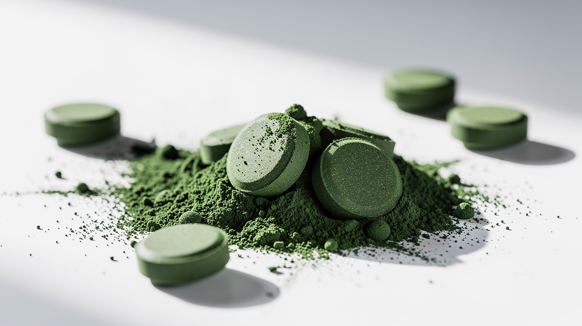 Grön chlorella-pulver och tabletter på vit bakgrund
