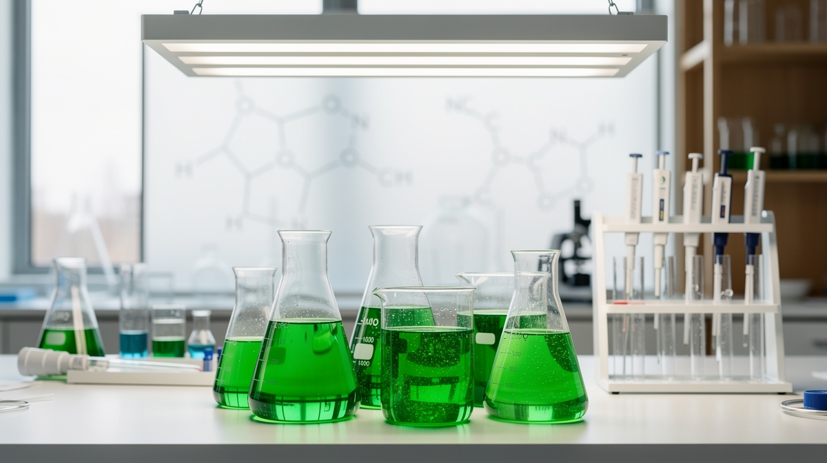 Gröna chlorella-kulturer i laboratorieglas under växtljus