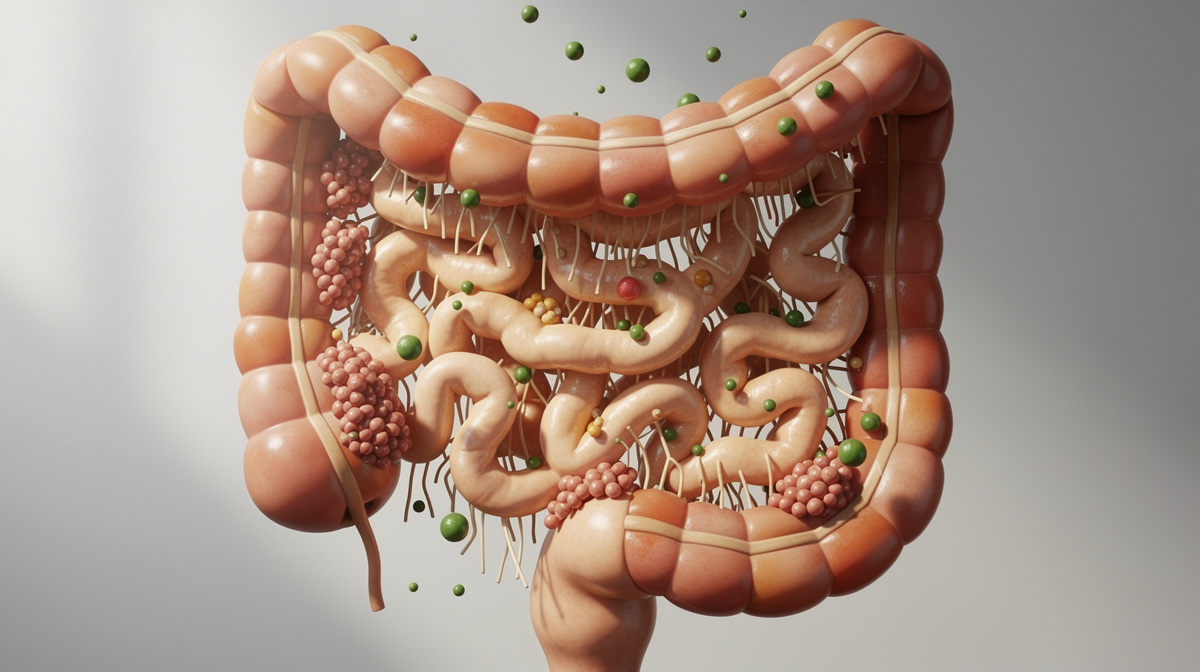 Illustration av tarmsystem med bakterier och chlorella