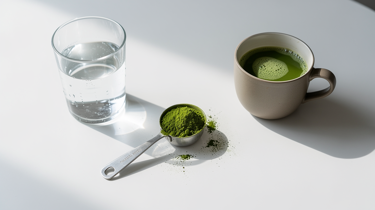Mätskopa med matchapulver, vatten och färdig matchate på vit bord
