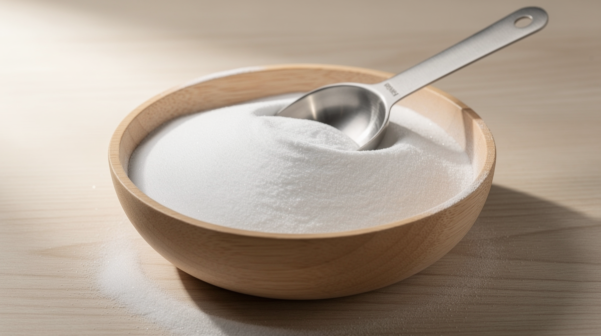 Vitt natriumbikarbonat i träskål med mätsked på ljus köksbänk