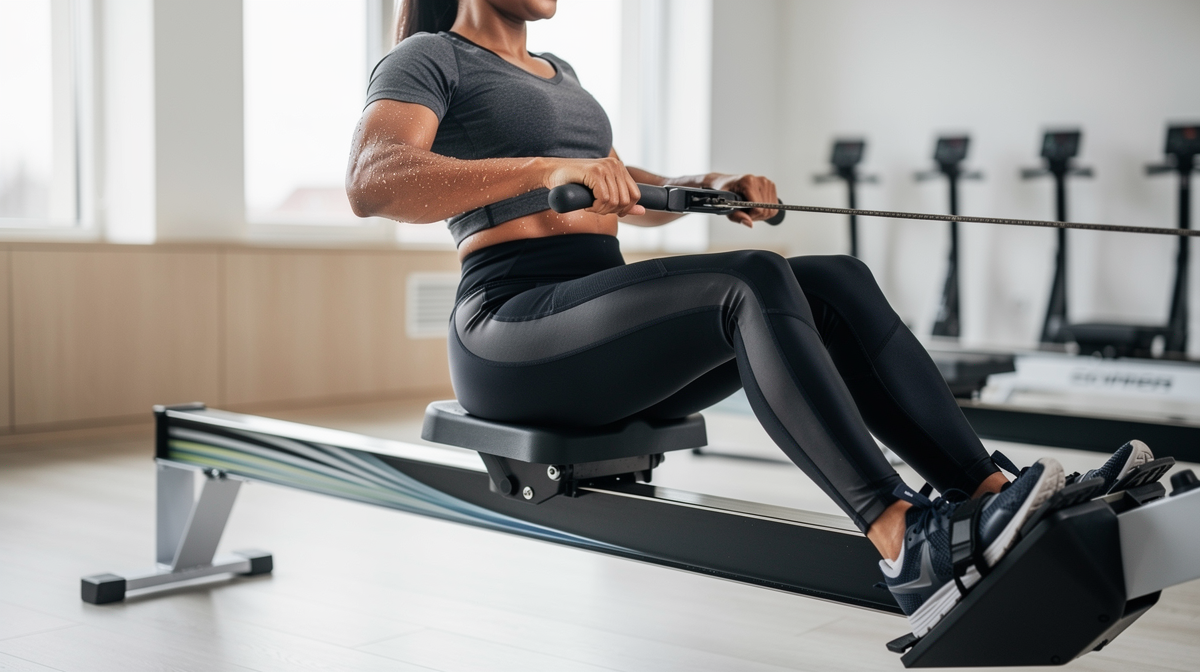 Idrottare tränar intensivt på roddmaskin i modernt gym