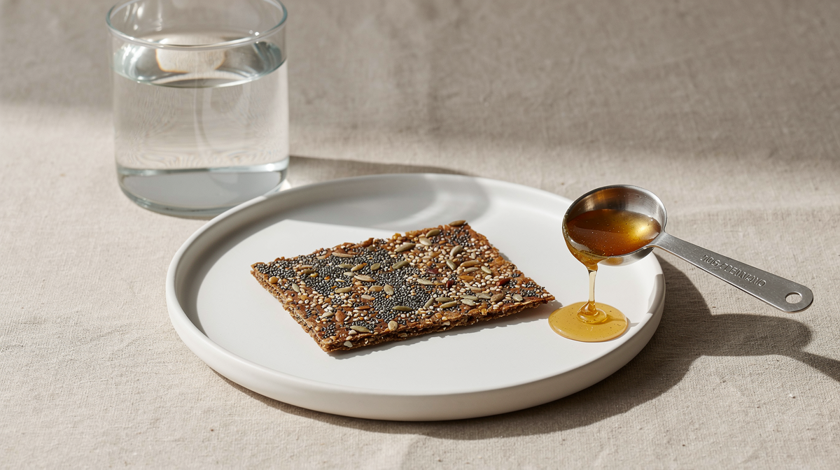 En portion fröknäcke på vit tallrik med mätskopa och vattenglас, stilleben för portionering