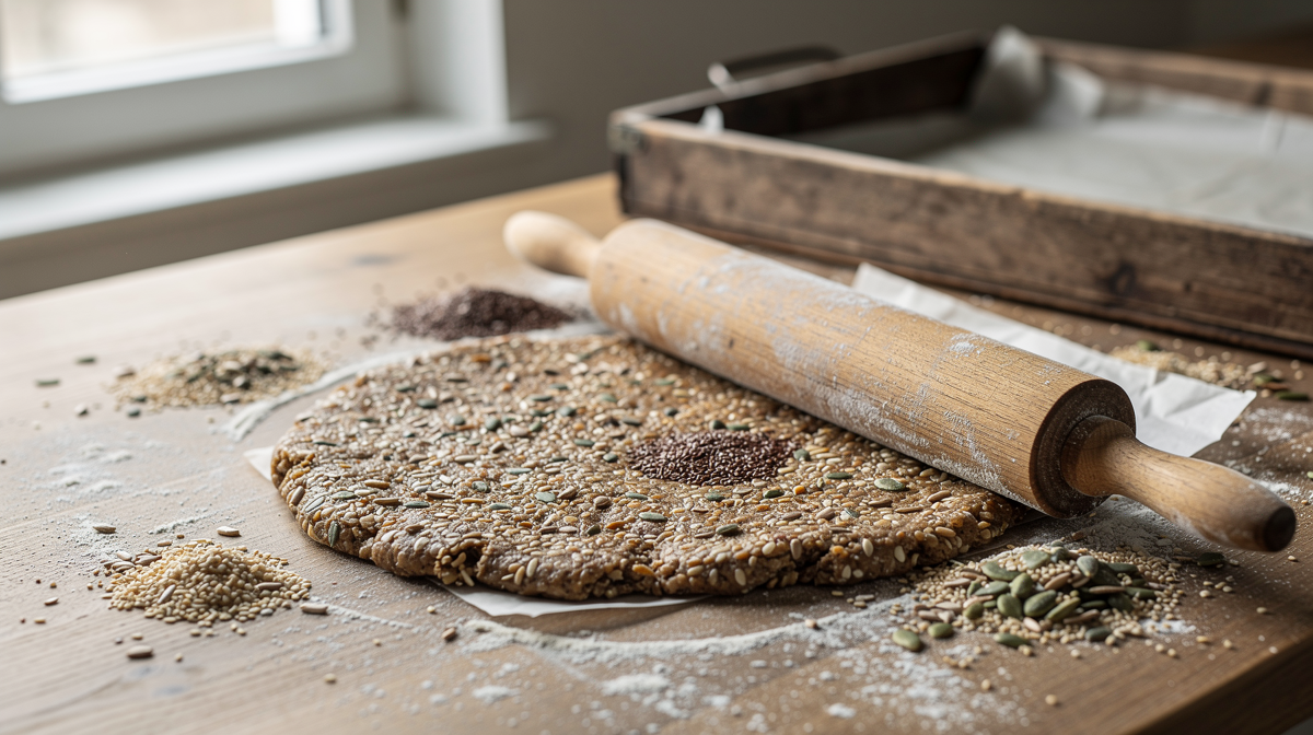 Fröknäckesdeg på träarbetsyta med kavlad deg, frön, parchmentpapper och träbricka