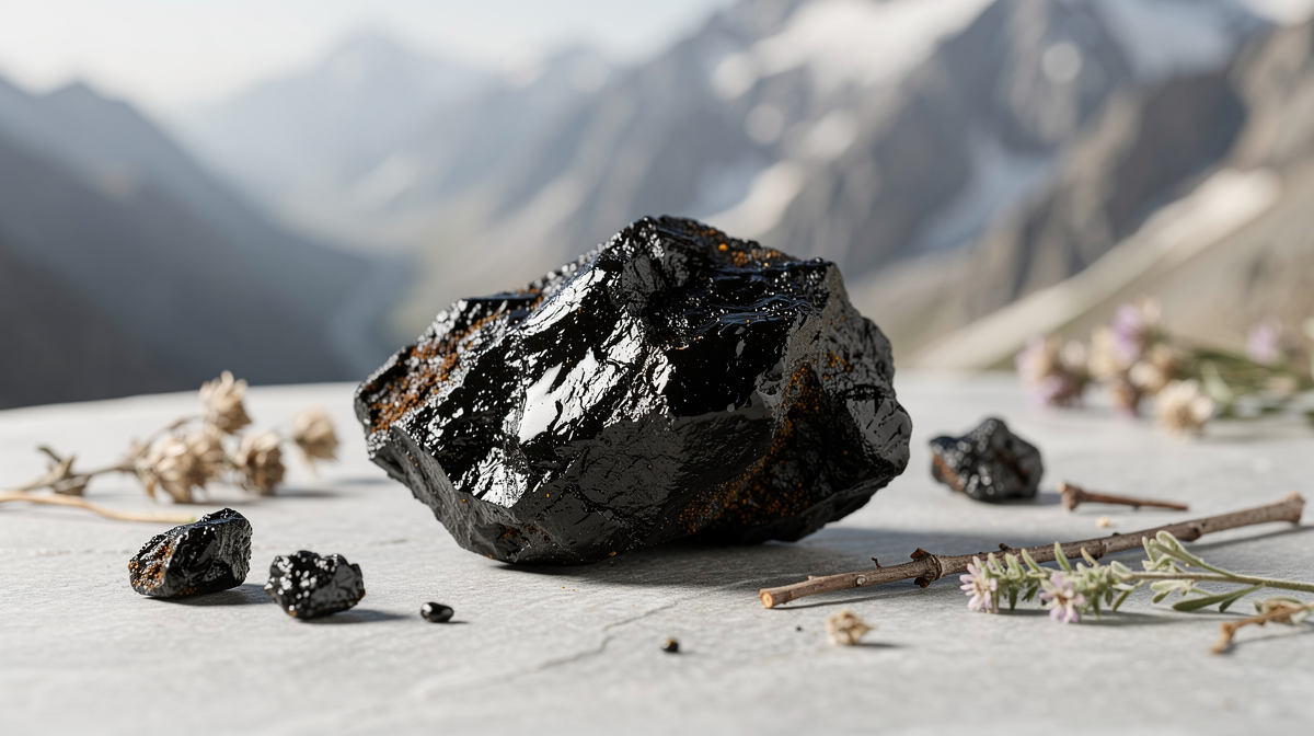Shilajit-harts i naturlig form på stenunderlag med bergsmaterial
