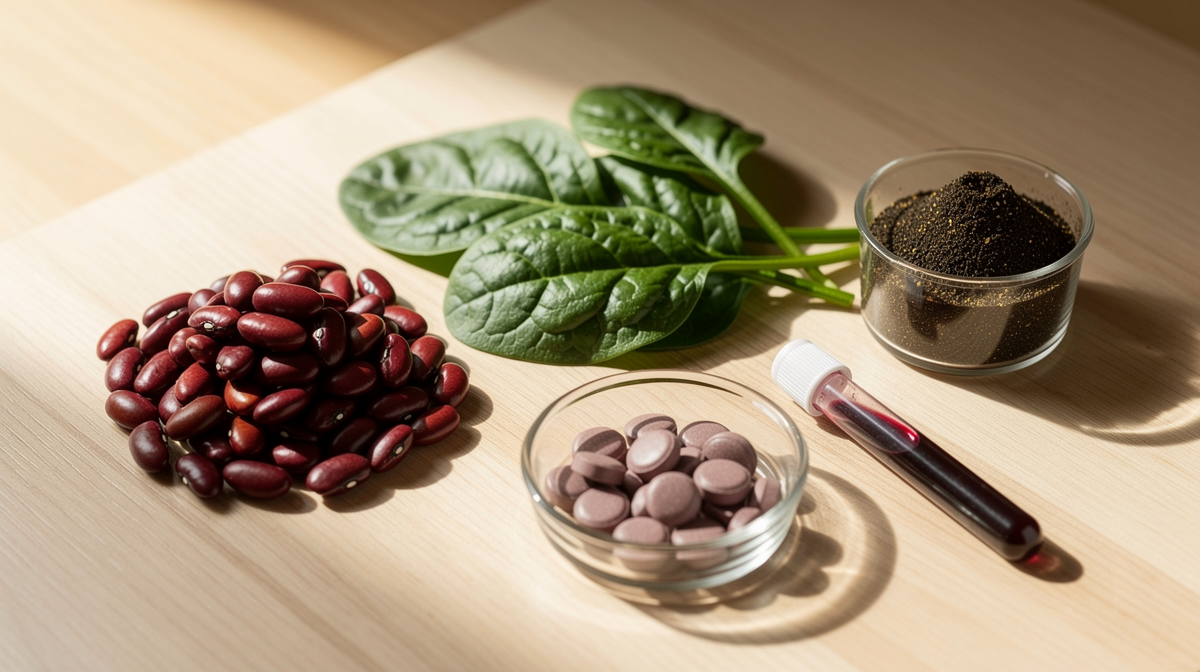 Järnrika livsmedel och kosttillskott arrangerade med shilajit-pulver