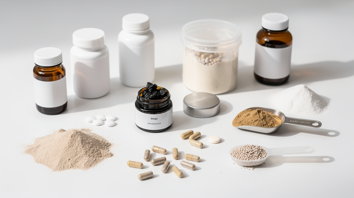 Olika kosttillskott och kapslar inklusive shilajit arrangerade tillsammans
