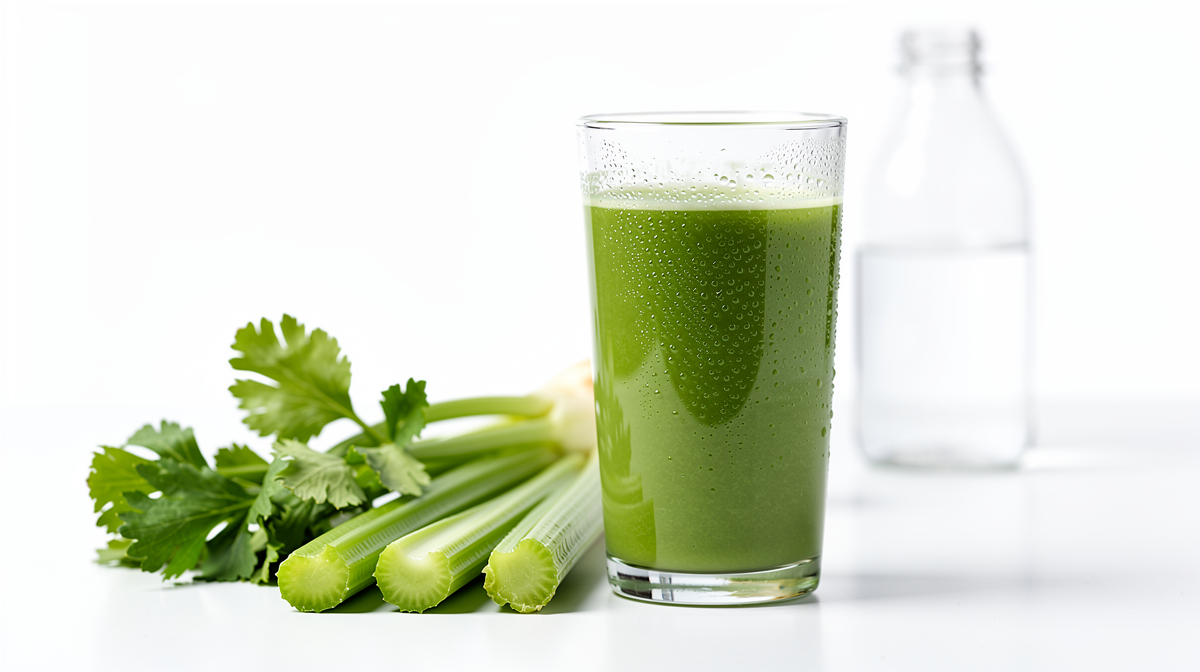 Glas med grön sellerijuice bredvid färska stjälkar och vattenflaska