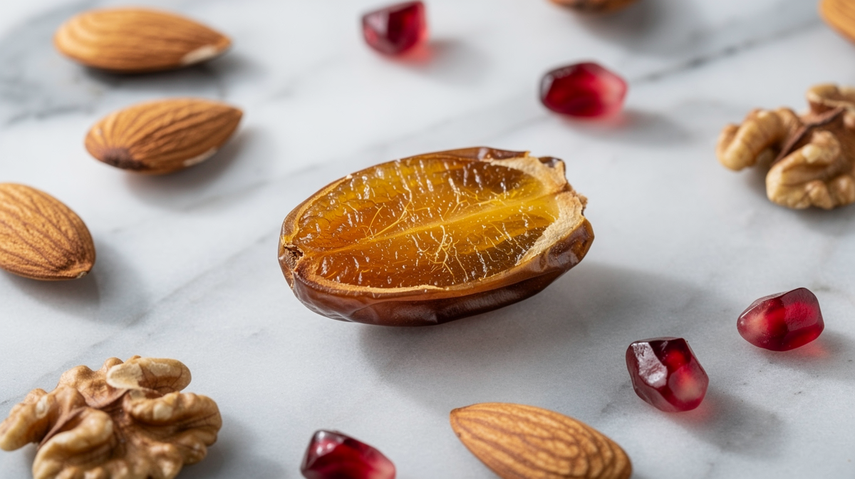 Dadelfrukt i närbild omgiven av nötter och granatäpple på marmor