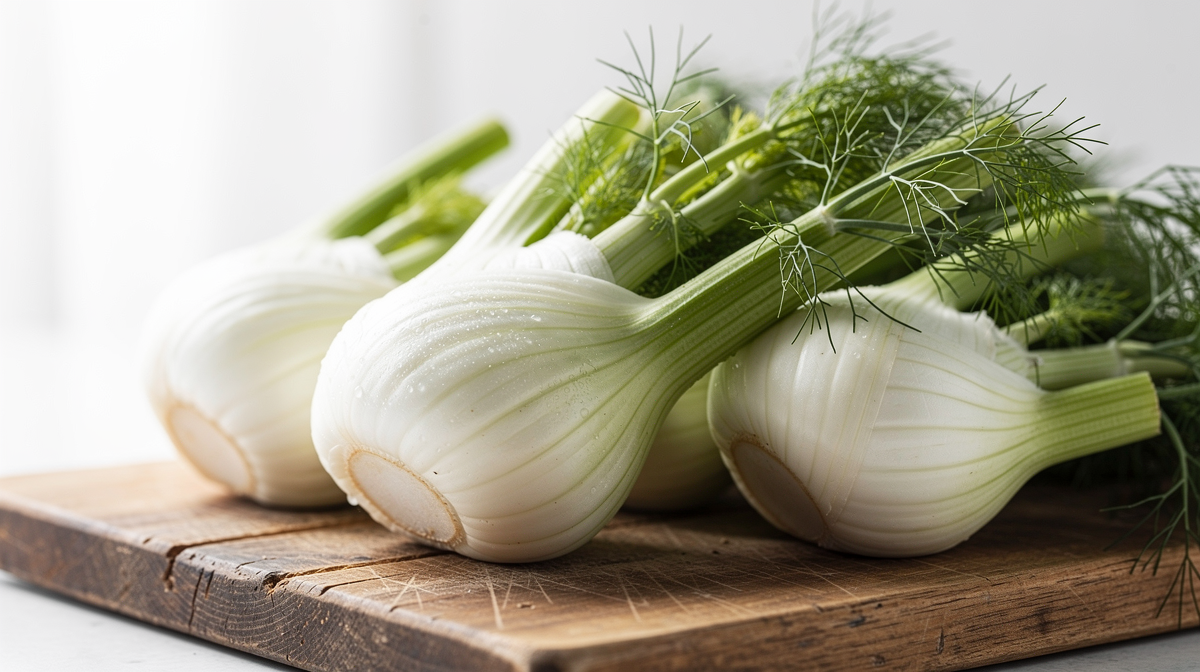 Färska fänkålsknölar med gröna blad på träskärbräda i naturligt ljus