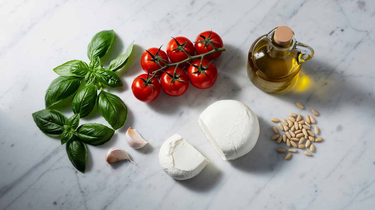 Basilika, tomater, vitlök, mozzarella, olivolja och pinjenötter tillsammans