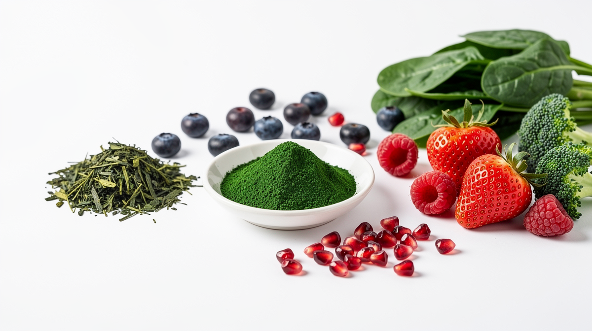 Antioxidantrika ingredienser: matchablad, bär, granatäpple och grönsaker.