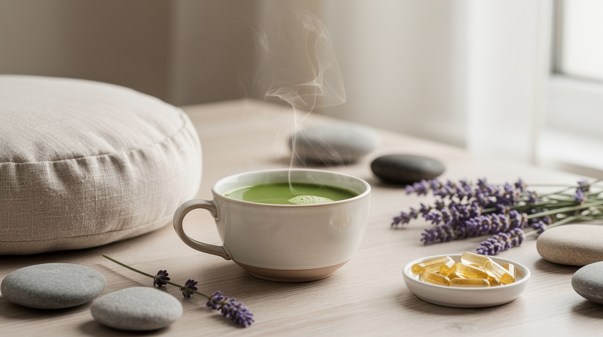 Lugn wellness-miljö med matchate, kapslar, meditationskudde och lugn dekor.