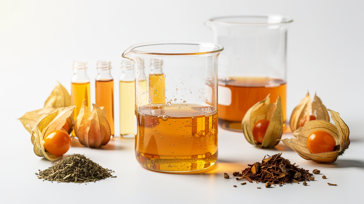 Laboratorieutrustning med extrakt från physalis i glaskärl och rör, omgivna av färska physalisfrukter och växtmaterial.