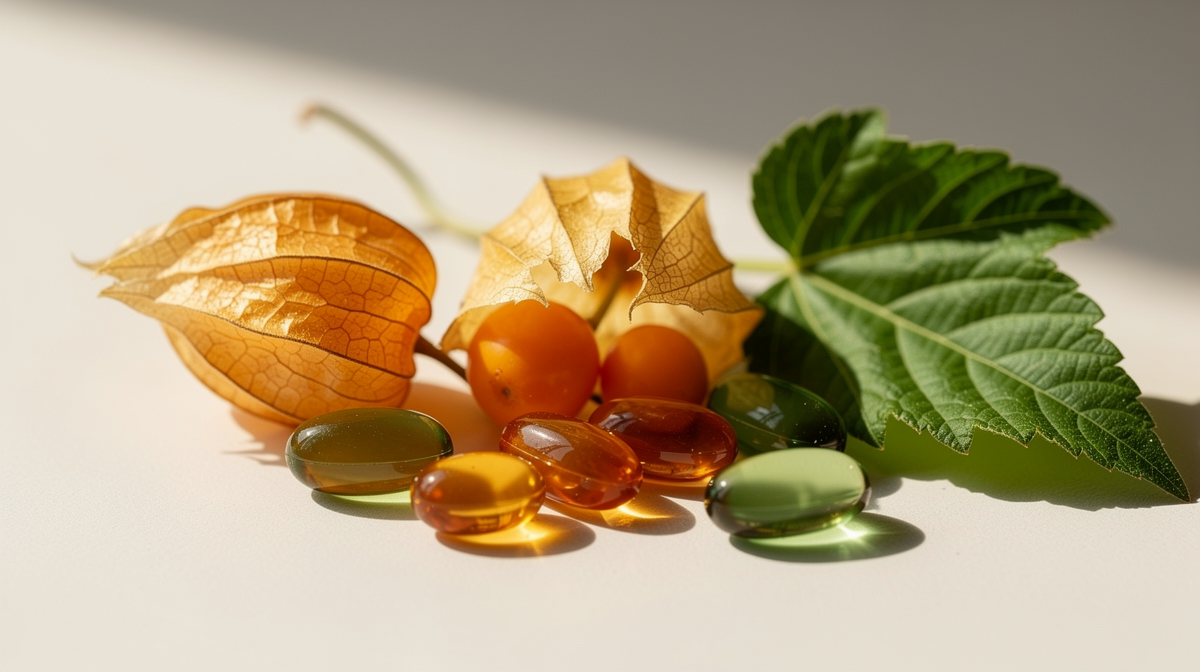 Gyllene physalisfrukter, gröna blad och genomskinliga gelatinkapslar arrangerade för att symbolisera naturlig hälsa och välbefinnande.