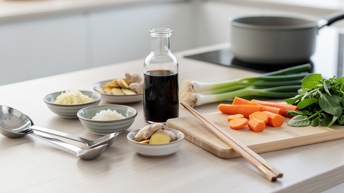 Köksredskap och ingredienser för att laga hälsosam nudolmål