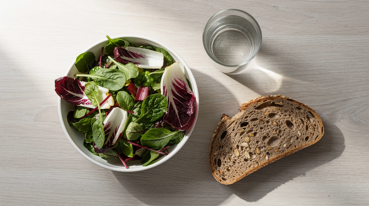 Skål med sallad och cicoriablad, vatten och fullkornsbröd på ljust bord.