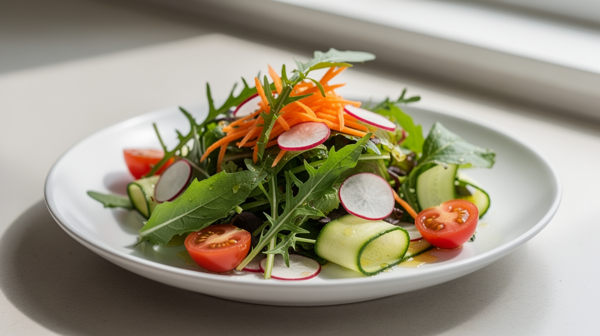 Unga maskrosblad i färsk vårsallad på tallrik