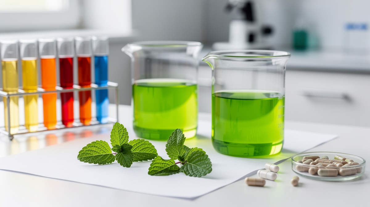 Vetenskaplig setup med citronmeliss-extrakt och antioxidanttest.