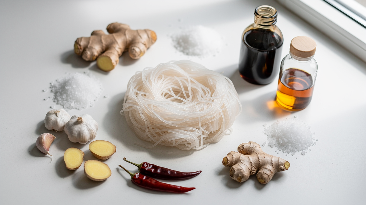 Ingredienser till risnudlar: nudlar, salt, vitlök, ingefära, chili och flaskor med sojasås