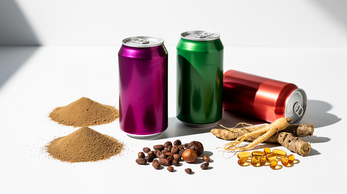 Energidrycksburkar och ingredienser som koffein, guarana och vitaminer på vit yta.