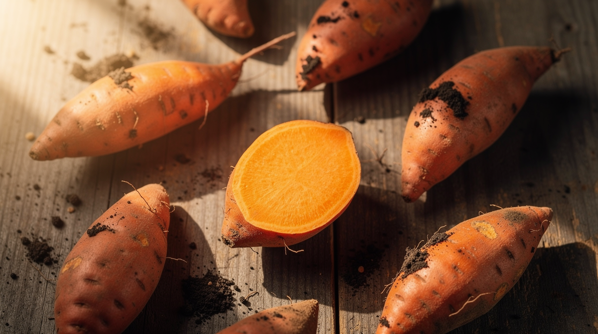 Färska sötpotatisar på trä med jordsmuts, en halv potatis visar orange fruktkött.