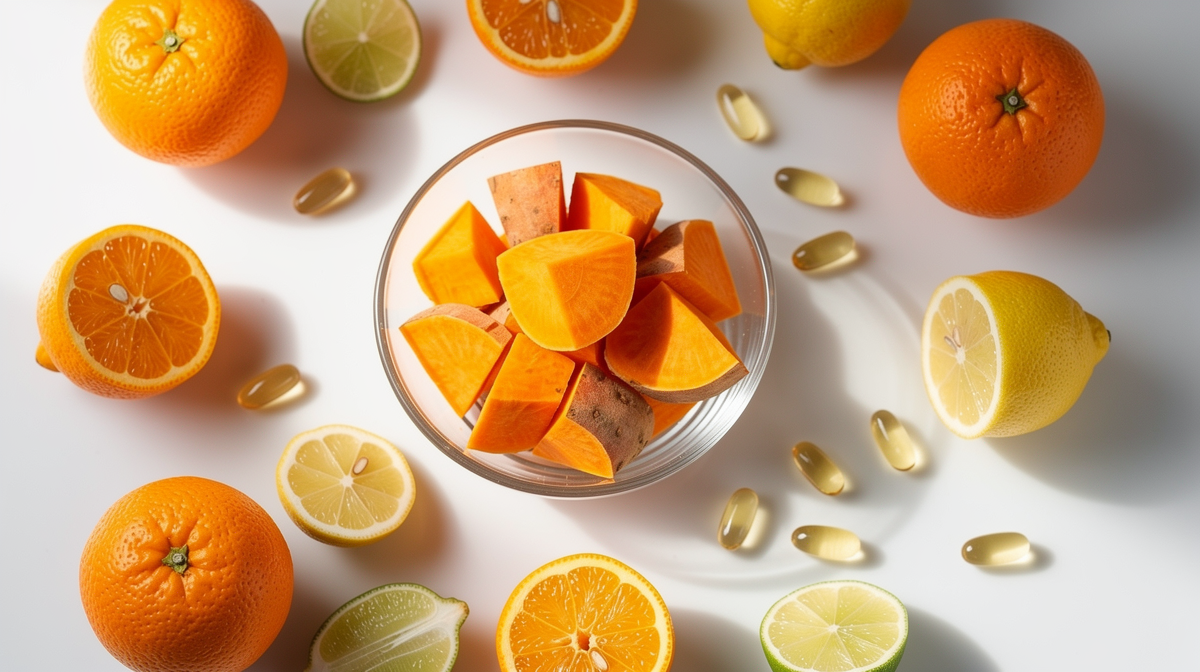 Sötpotatisbitar i glas med citrusfrukter och vitaminkapslar på vit yta.