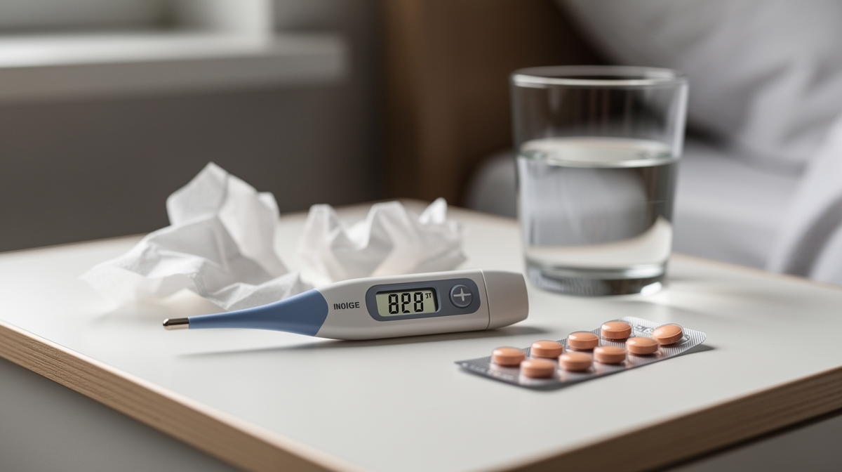 Medicin-termometer, vävnad och vitaminkapslar på nattduksbordet, sjukdomssignaler