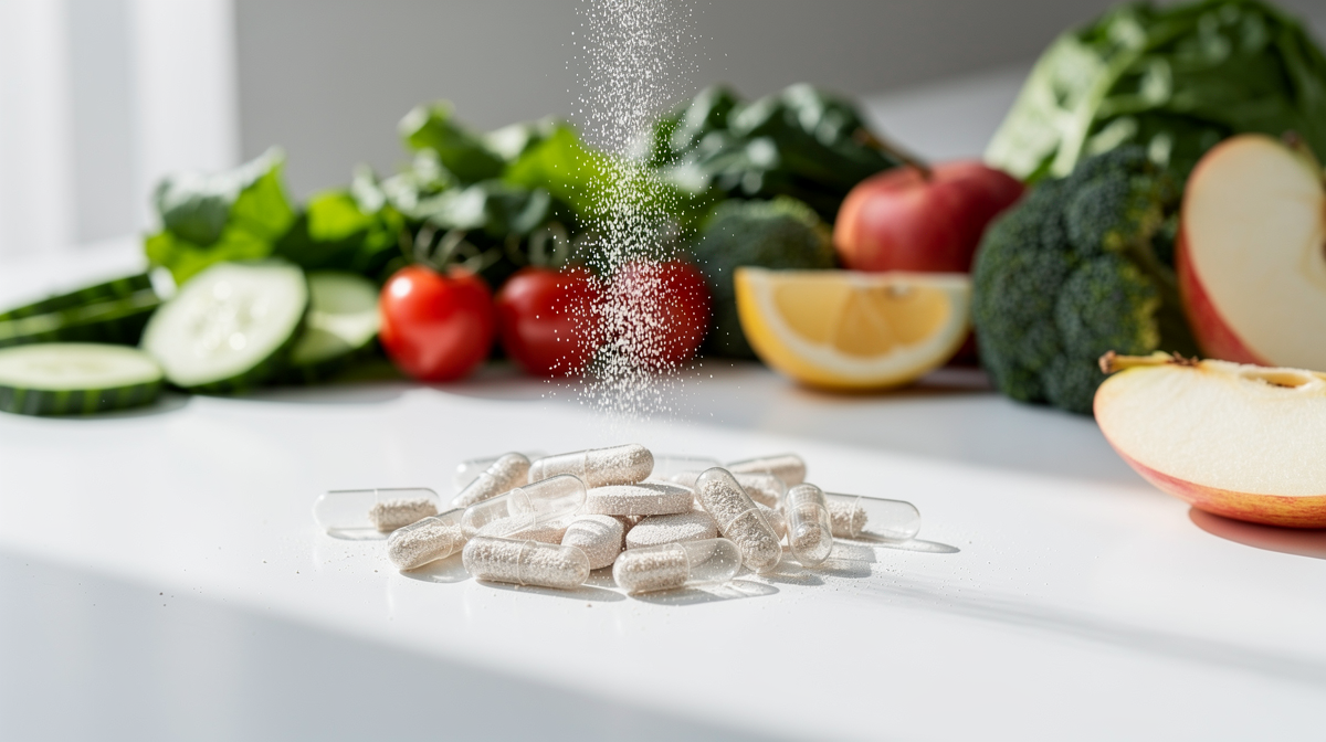 Enzymsupplementkapslar och pulver med grönsaker och frukt på vit yta