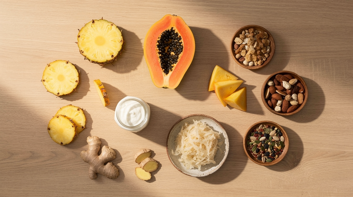 Naturliga enzymkällor: papaya, ananas, ingefära, kefir och gröda