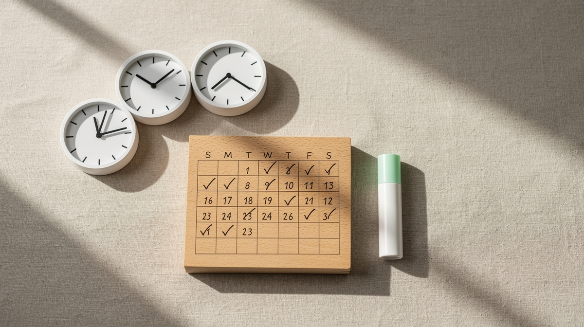 Kalender med användningsschema, stick och klocka visar tillämpningsfrekvens