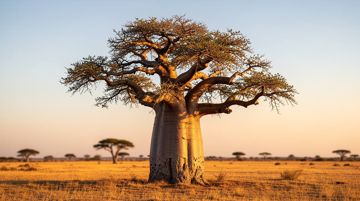 Majestätiskt baobabträd i afrikansk savann under gyllene solljus