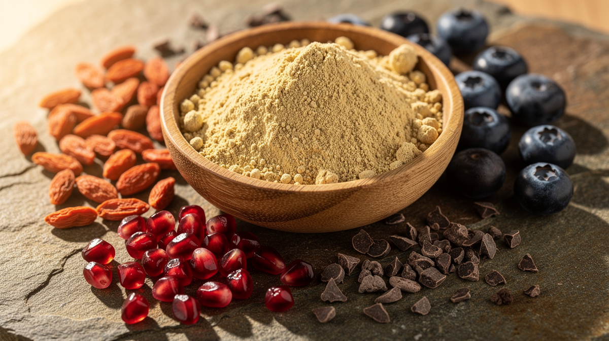 Baobabpulver omgivet av antioxidantrika ingredienser och bär på natursten
