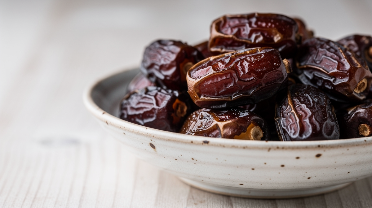 Mörka, glansiga Medjool-dadlar i skål på träbord.