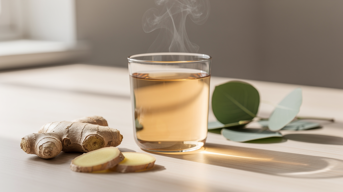 Glas med varm vätska, färsk ingefära och eukalyptusblad, andningshälsa.