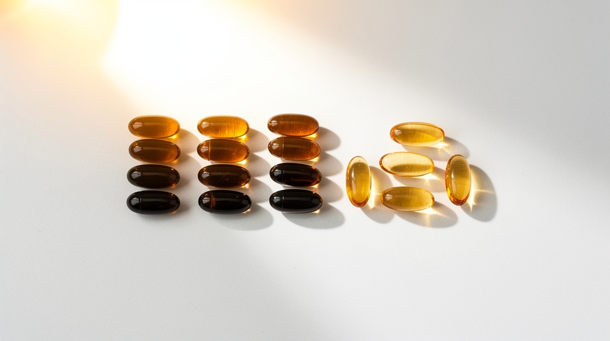 Svartkumminolja- och vitamin D-kapslar i solljus, lagda på vit yta.