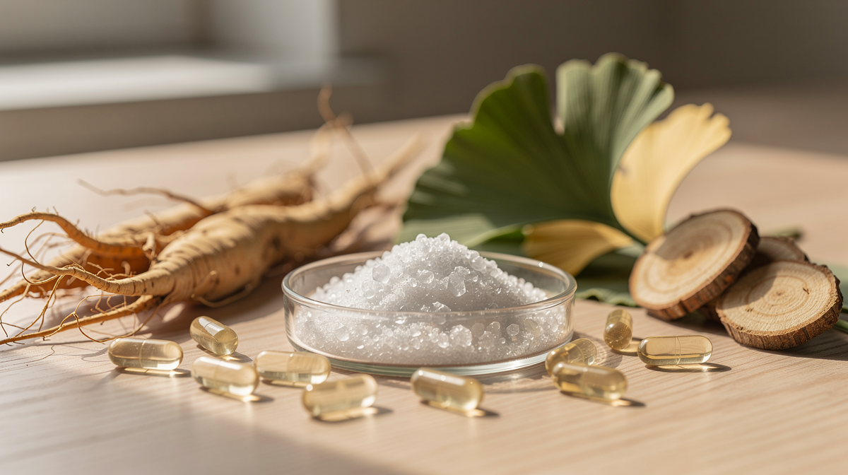 L-arginin kristaller och kapslar med naturliga ingredienser på trämaterial