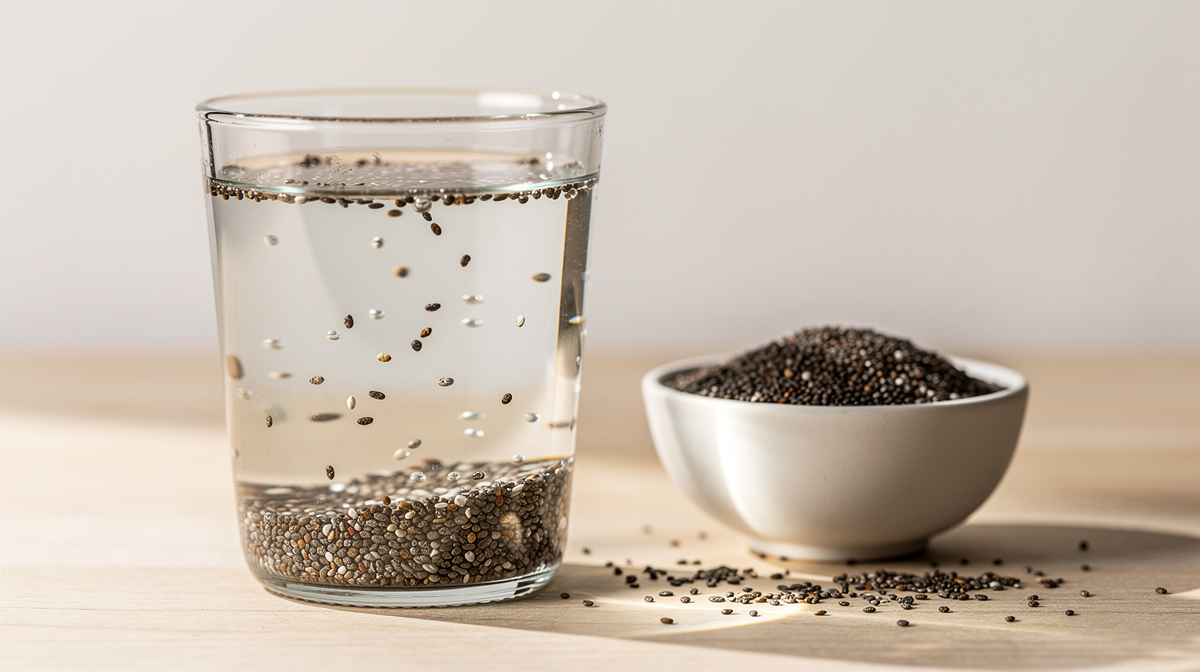 Glas med vatten och chiafrön bredvid skål med torkade chiafrön.