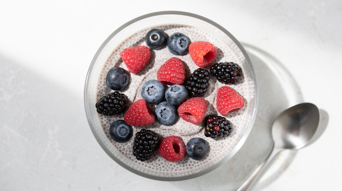 Chiapudding i glas garnerad med färska bär och sked.