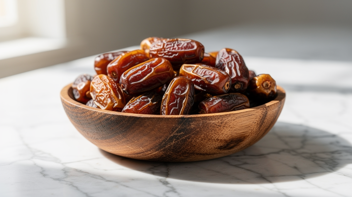 Färska gyllene dadlar i träskål på marmorbänk med naturligt ljus