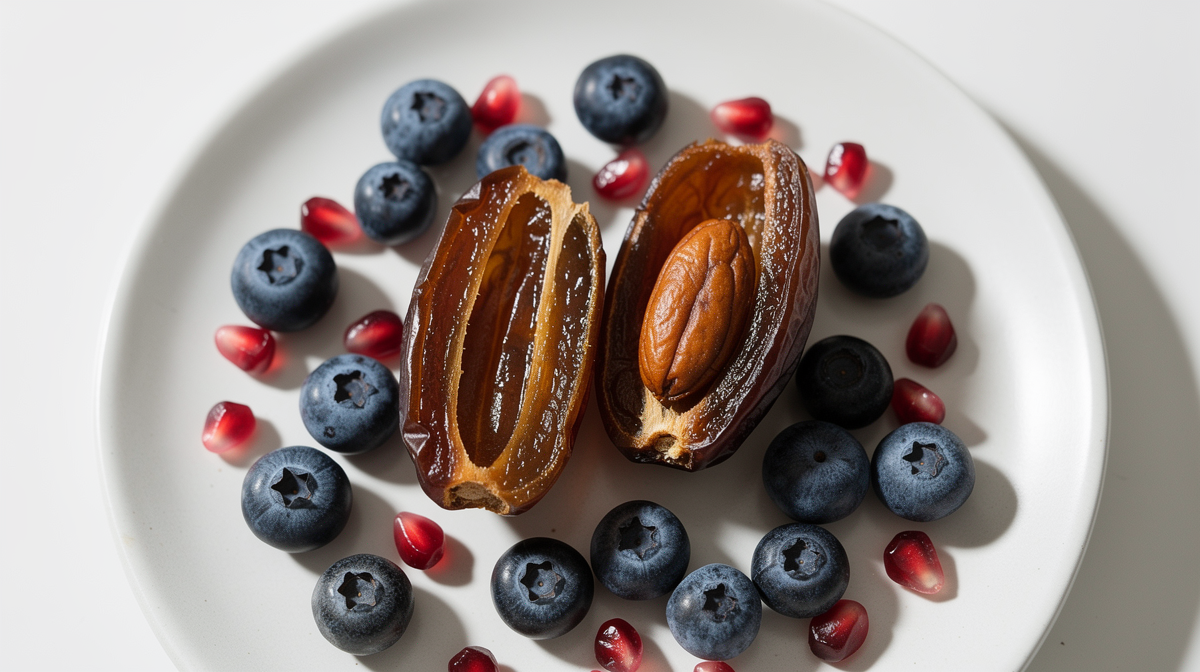Dadel i snitt med antioxidantrik bär och frön på vit keramik