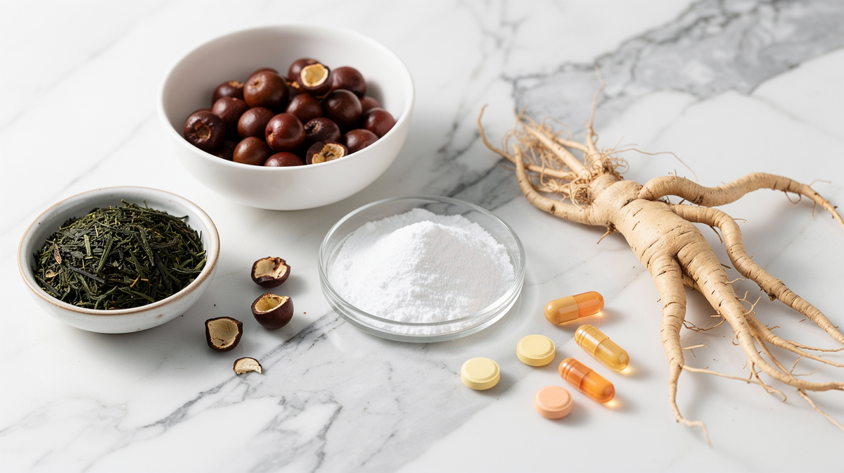 Naturliga ingredienser som grönt te, guarana och vitaminer på vit yta