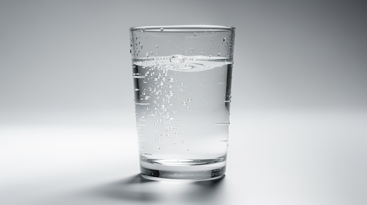 Klart vatten med bubblor och vattendroppar i glas mot neutral bakgrund