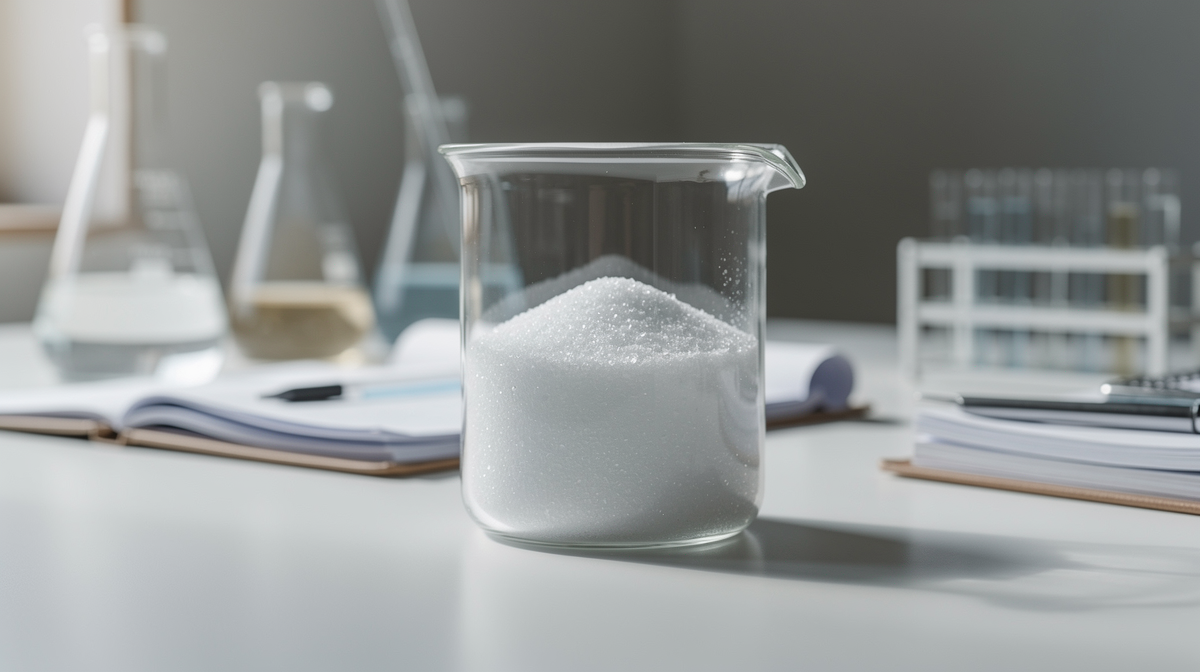 Vit natriumkarbonatpulver i glaskärl på laboratoriearbetsbänk med vetenskaplig utrustning.