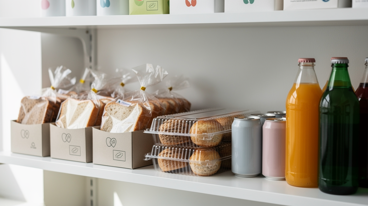 Livsmedelsförpackningar på hylla, bröd, bakverk och drycker med EU-märkningar.